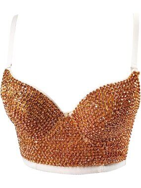 Women's Beige Bustier Crop Top Mesh Corset Top Push up Rhinestone Diamond Bra